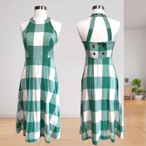 Maeve Anthropologie Green and White Linen Blend Halter Gingham Plaid Sundress
